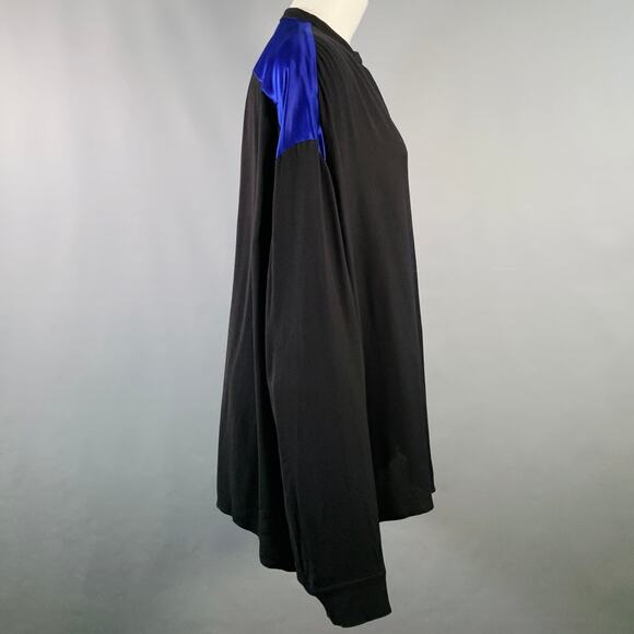 Size M Black Blue Viscose Silk Nehru Collar Hidden Buttons Shirt - Picture 2 of 5